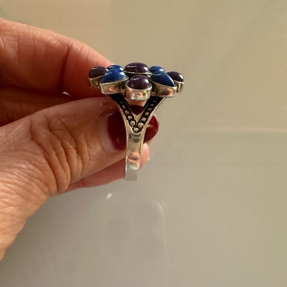 Native American Style 925 Sterling Silver Lapis & Purple Turquoise Cluster Ring - Picture 6 of 6